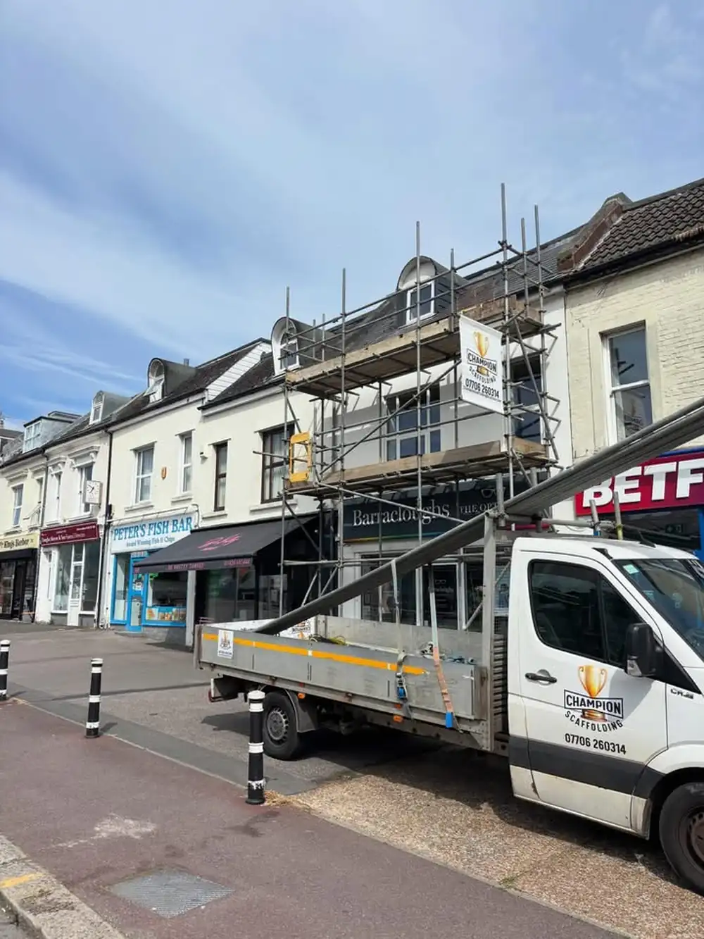 Champion Scaffolding scaffold to a commercial parade of shops in East Sussex