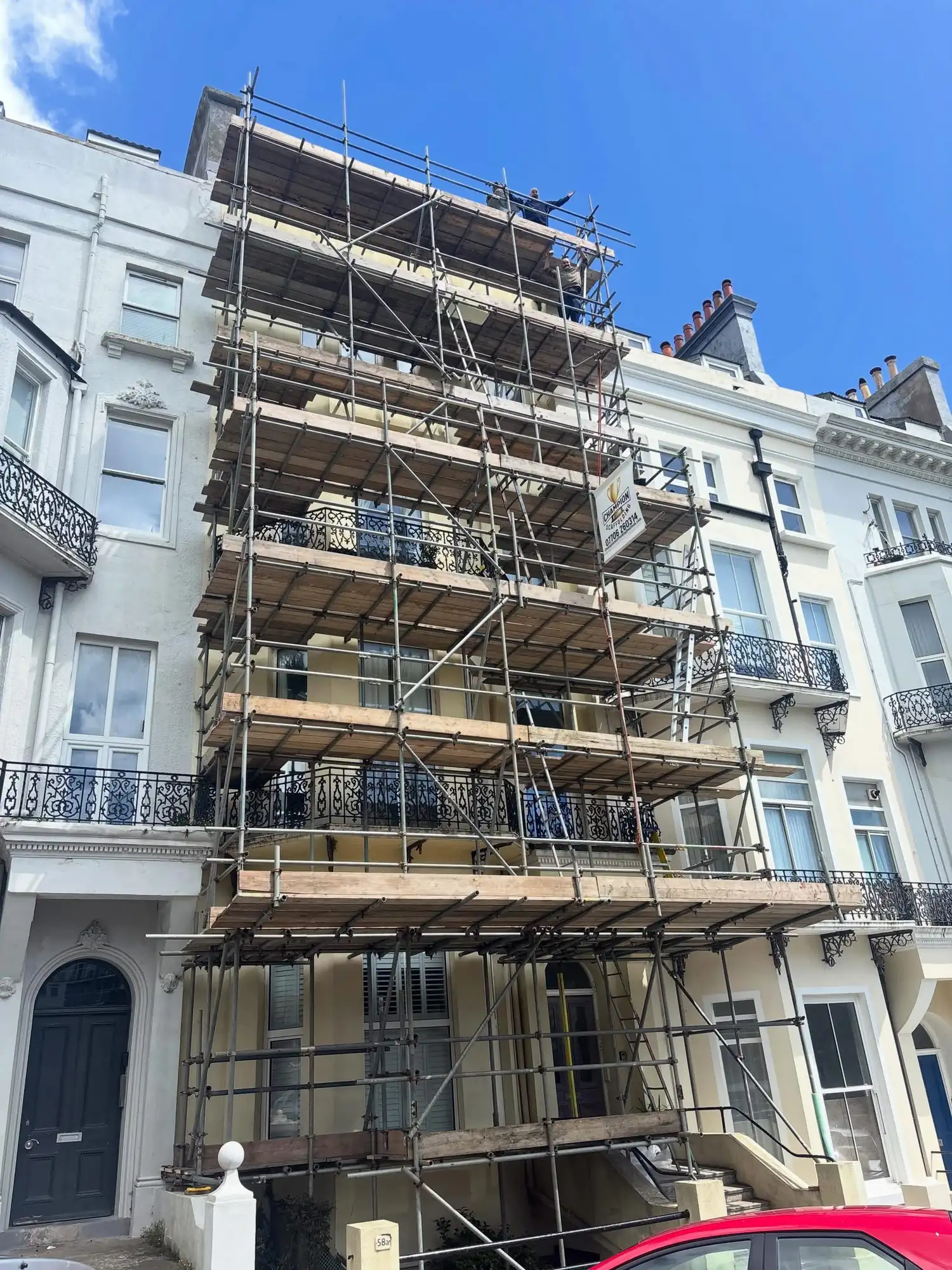 Multi-lift Champion Scaffolding access scaffold to the full height of a period terrace in East Sussex